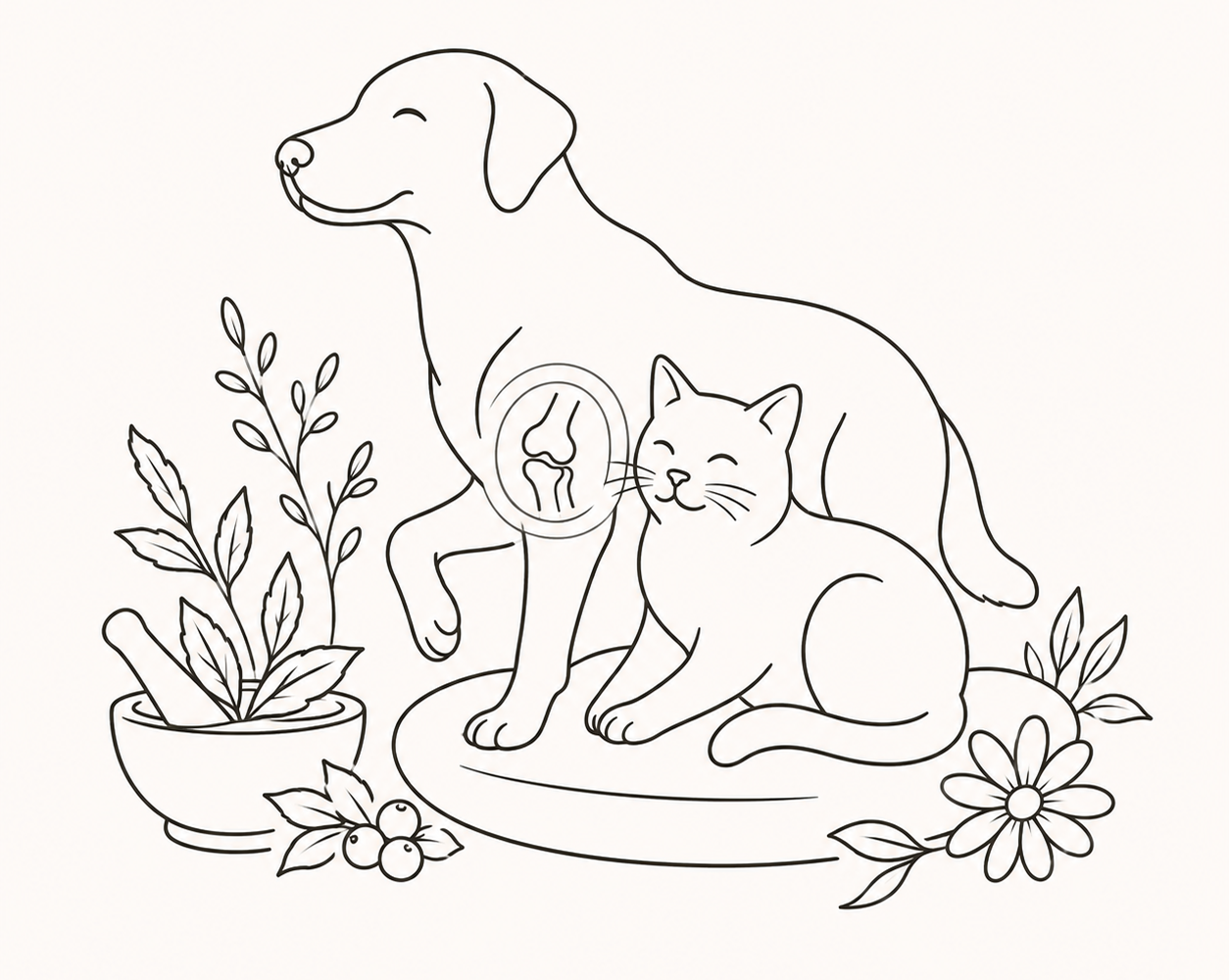 Line illustration of a dog with a highlighted joint on its leg sitting beside a cat, with a mortar and pestle and herbs nearby.