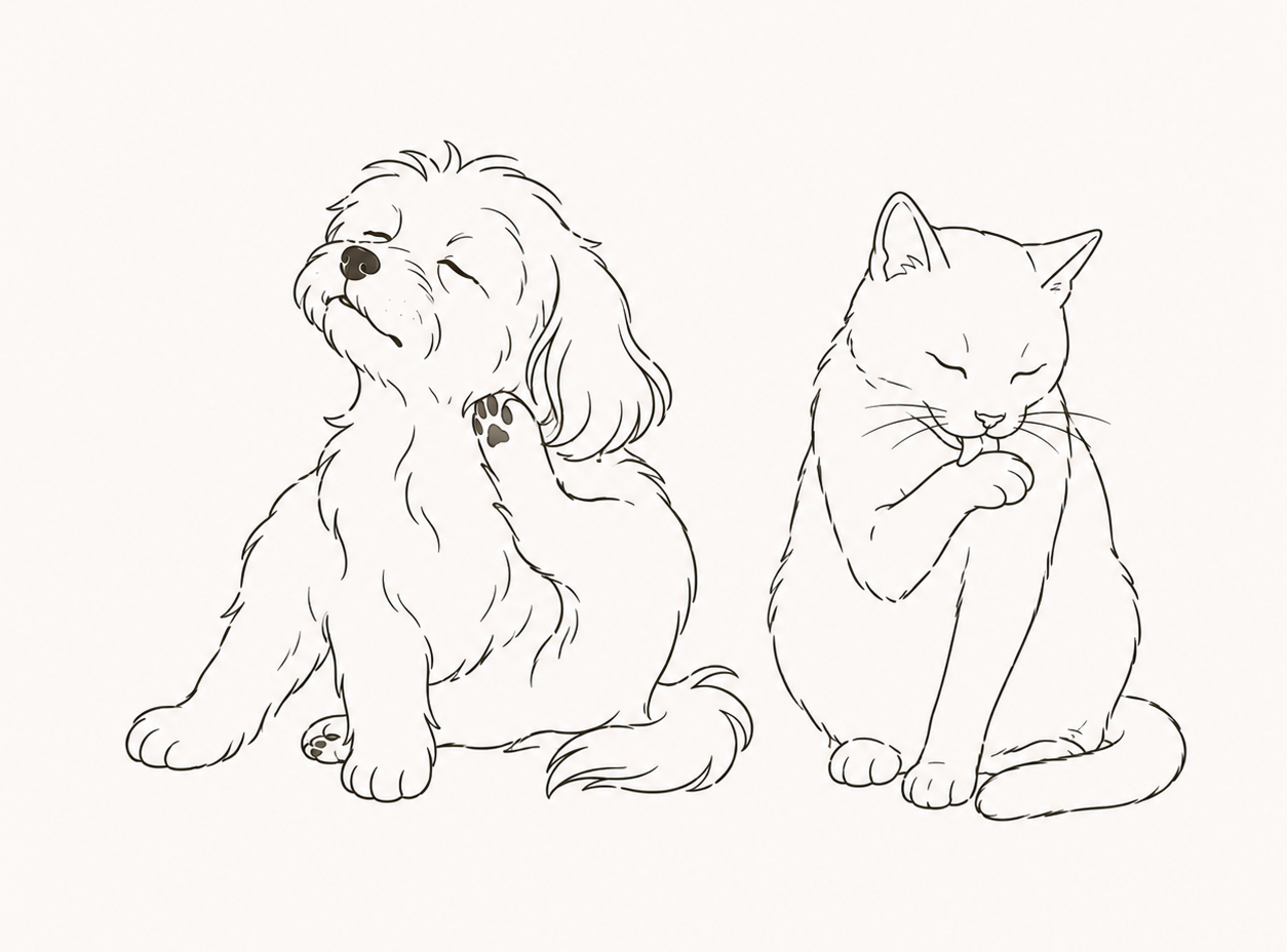 Line illustration of a dog scratching its neck and a cat licking its paw, both showing signs of skin irritation.