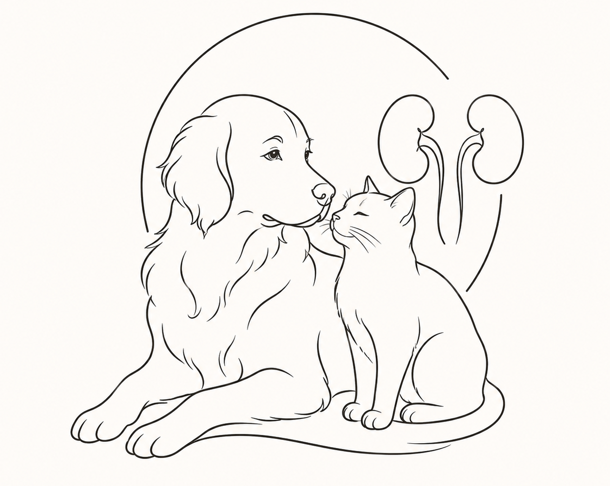 Line illustration of a dog and cat nuzzling together, with a pair of kidneys illustrated in the background.