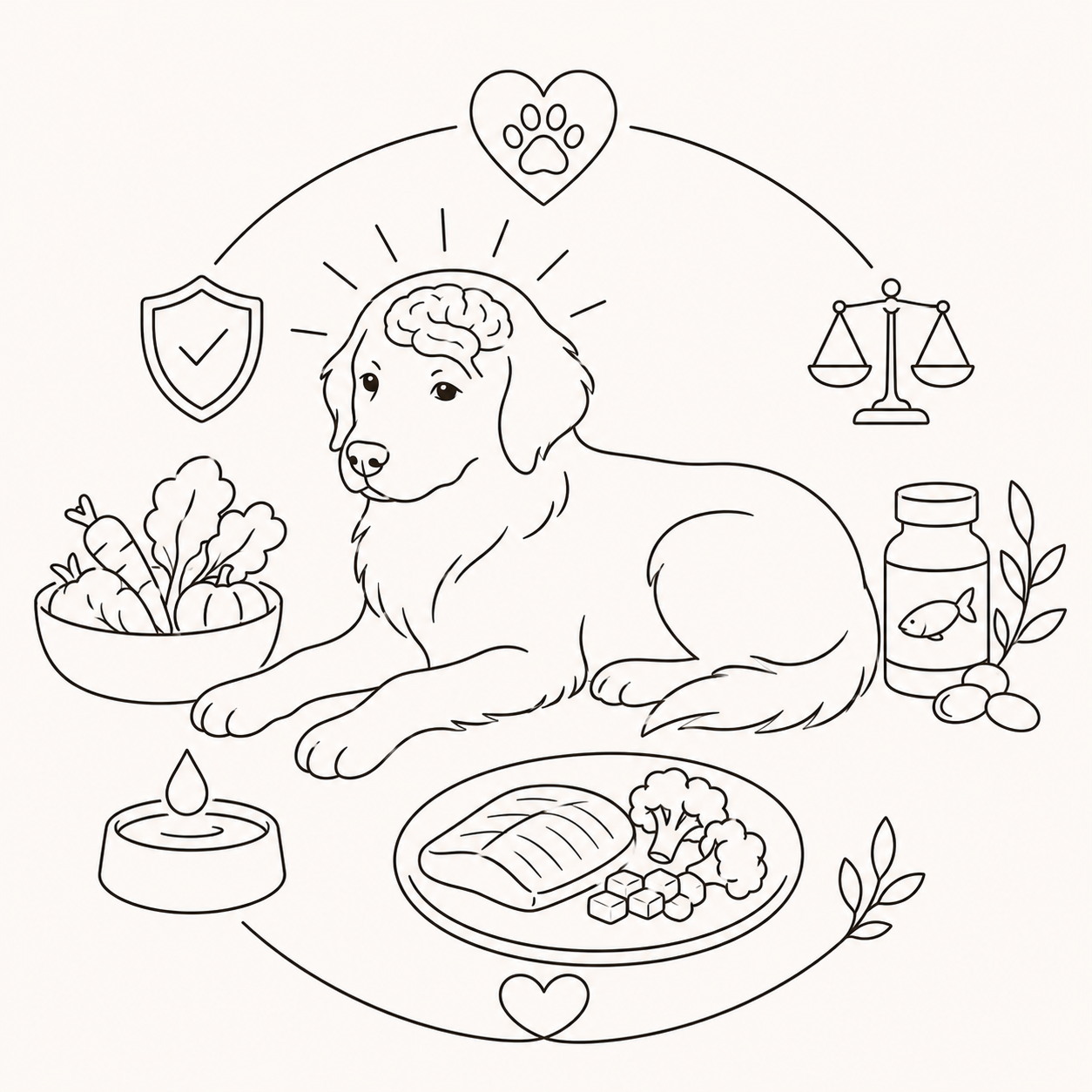 Line illustration of a dog with a highlighted brain, surrounded by vegetables, fish oil supplements, water, and a plate of protein and broccoli.