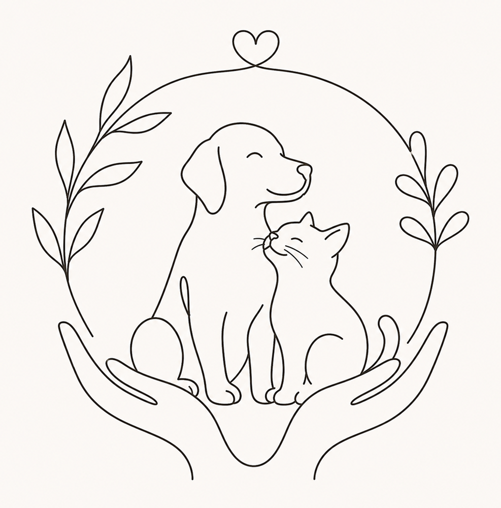 Line-art illustration of a resting dog and cat, representing whole-body wellness.