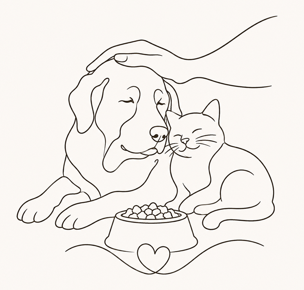 Line-art illustration of an older dog and cat resting together comfortably.