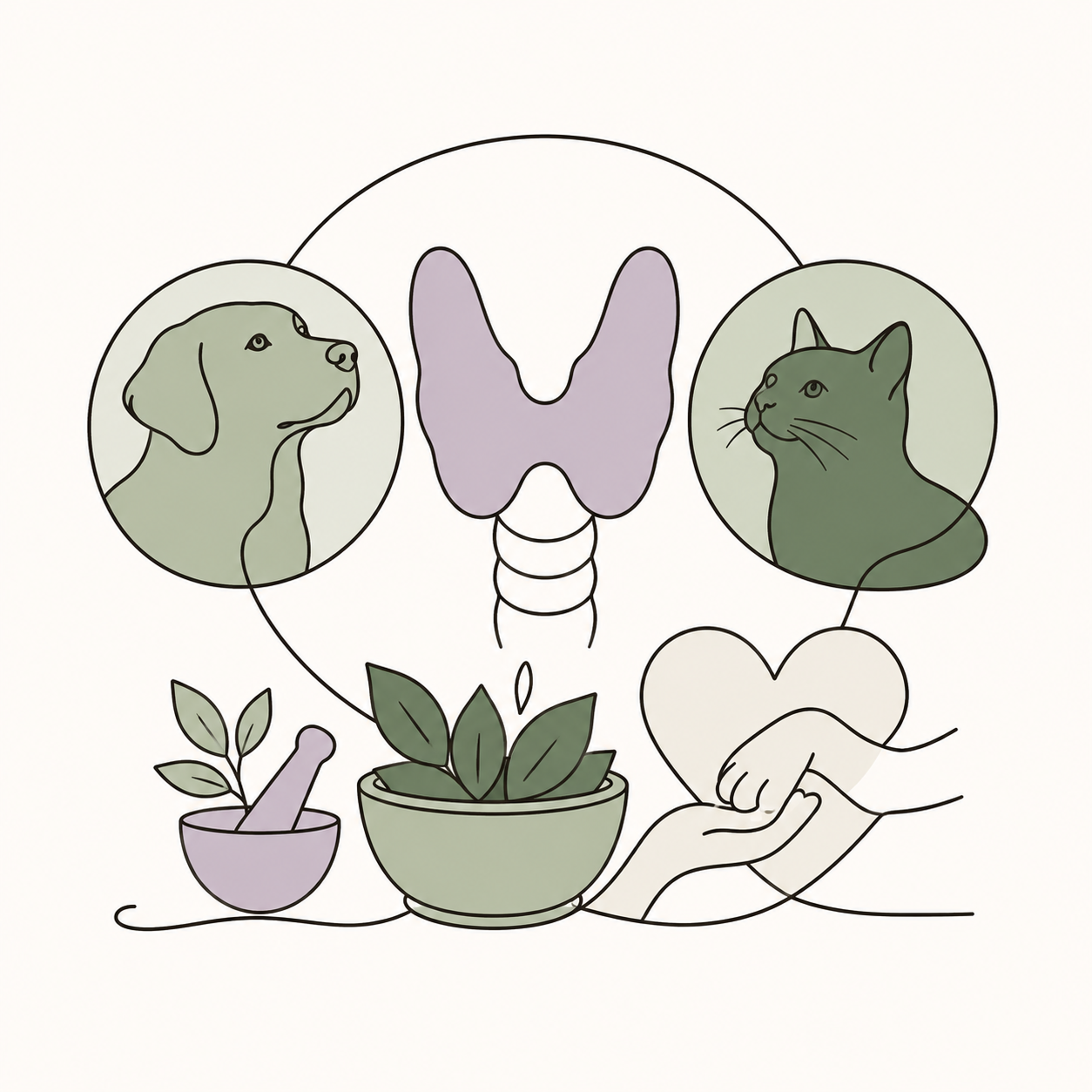 Line-art illustration of a dog, a cat, and a thyroid gland surrounded by herbal mortars and a hand holding a paw, representing natural thyroid support for dogs and cats.