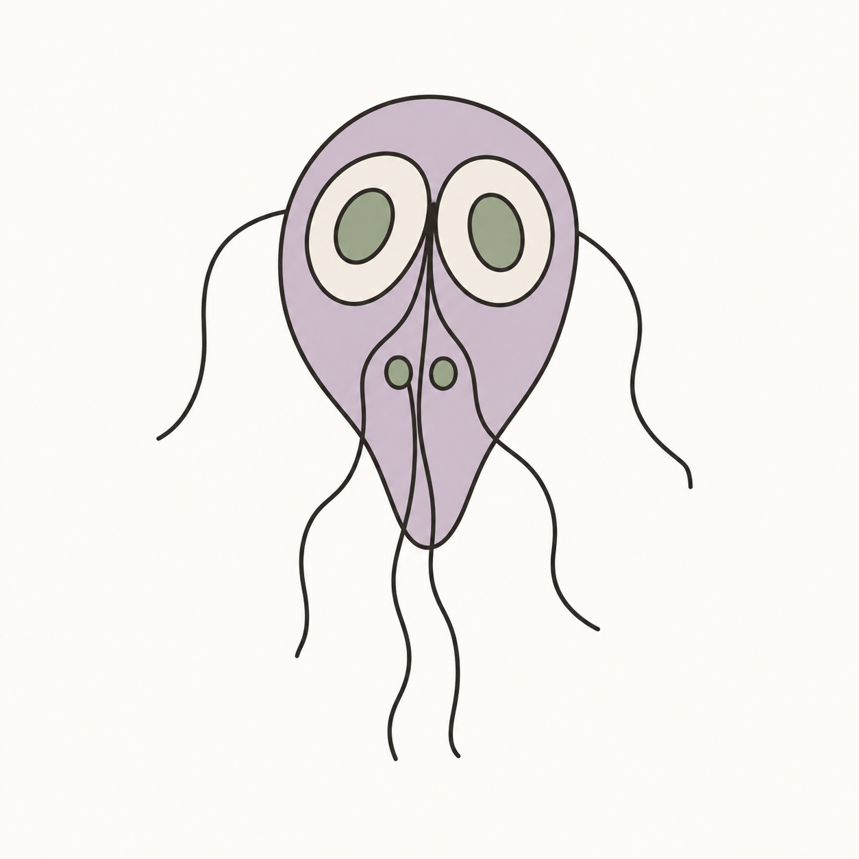Minimal editorial line-art illustration of the Giardia parasite (Giardia lamblia), shown as a friendly microscopic organism with flagella in flat sage, lavender, and cream colors. Symbolic healthcare graphic representing giardia infection in dogs and cats.