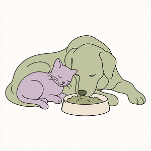 Simple illustration of a dog and cat sharing a bowl of food, symbolizing the importance of proper nutrition during chemotherapy and radiation therapy for dogs and cats undergoing cancer treatment.