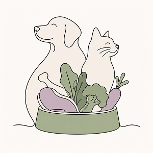 A dog and cat sit behind a bowl filled with whole foods, including leafy greens and lean protein, illustrated in minimalist line art with flat colors to represent a healthy, nutrient-rich diet that supports long-term pet wellness.