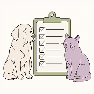 Illustration of a senior dog and cat beside a wellness checklist, representing preventive care and health screenings for aging pets.