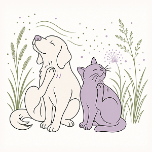 Line-art illustration of a dog and cat scratching themselves while sitting among grasses and floating pollen, symbolizing seasonal environmental allergies in pets.