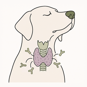 Line-art illustration of a dog's neck showing the thyroid gland surrounded by immune cells, symbolizing autoimmune thyroiditis as the immune system attacks thyroid tissue.