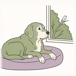 Senior dog resting on a bed and gazing out a window, symbolizing cognitive decline in aging pets. Editorial line-art illustration with flat colors representing memory changes, senior dog dementia, canine cognitive dysfunction, and brain health support.