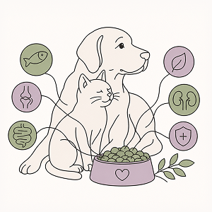 Senior dog and cat beside a food bowl in a modern line-art illustration, symbolizing personalized nutrition for aging pets. Editorial-style graphic about senior dog and cat nutrition, healthy aging, balanced diets, supplements, and pet wellness.