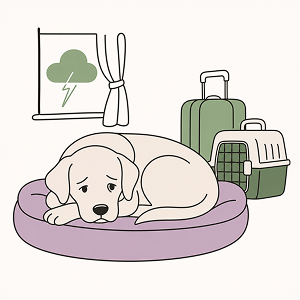 Illustration of a stressed dog lying on its bed beside a suitcase and pet carrier with a storm outside, symbolizing stress colitis in dogs, travel anxiety, digestive upset, and routine changes in a clean editorial line-art style.