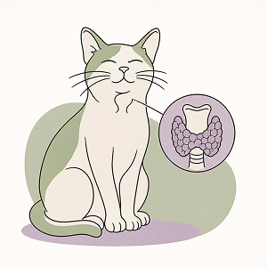 Minimal line-art illustration of a senior cat with a highlighted thyroid gland in a magnified inset, symbolizing feline hyperthyroidism. Editorial-style vector art about hyperthyroidism in cats, thyroid health, diagnosis, and nutritional support.