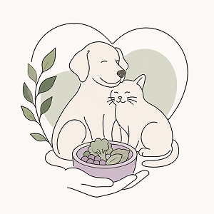 Modern editorial line-art illustration of a dog and cat with a personalized bowl of healthy food, symbolizing holistic pet nutrition. Flat fills in sage, eucalyptus, warm cream, and lavender on a soft cream background with generous negative space.