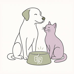 Line-art illustration of a dog and cat beside a food bowl, representing probiotic support for healthy digestion and gut health.