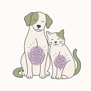 Minimalist line-art illustration of a relaxed dog and cat sitting side by side with simple intestine icons shown on their abdomens, representing digestive sensitivity and Irritable Bowel Syndrome (IBS) in pets.