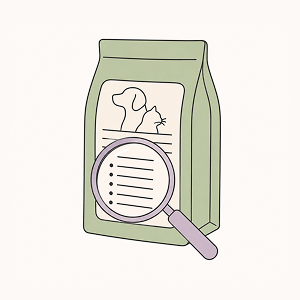 Line-art illustration of a pet food label being examined with a magnifying glass to identify quality ingredients.