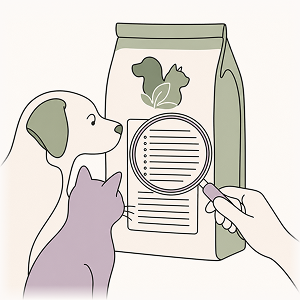 Illustration of a dog and cat examining a pet food bag with a magnifying glass over the ingredient list, symbolizing how to read pet food labels, identify quality ingredients, avoid fillers, and make healthier nutrition choices for pets.