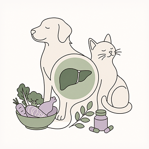 Line-art illustration of a healthy dog and cat with a stylized liver symbol, fresh whole-food ingredients, herbs, and supplements, representing nutritional support for liver disease recovery and holistic liver health in pets.