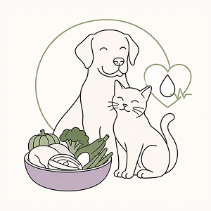 Modern editorial line-art illustration of a dog and cat beside a bowl of fresh, high-protein pet food with vegetables and a blood sugar health symbol, representing nutrition for managing diabetes in dogs and cats and supporting stable glucose levels.