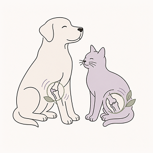Line-art illustration of a dog and cat with highlighted joints symbolizing arthritis, stiffness, and joint inflammation. Minimalist editorial vector style representing natural arthritis support, holistic pet care, and improved mobility in pets.