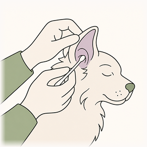 Line-art illustration of a dog receiving gentle ear cleaning, symbolizing prevention and care for recurring ear infections in dogs and cats. Minimal flat-color veterinary-style artwork representing chronic pet ear health and treatment.
