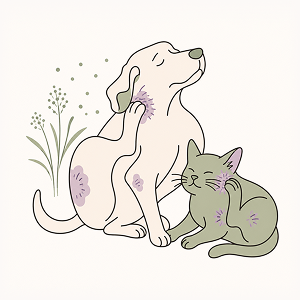 Dog and cat scratching irritated skin with visible allergy patches in a minimalist line-art illustration, symbolizing pet skin allergies, itching, environmental and food allergies, flea allergy dermatitis, and holistic allergy relief.
