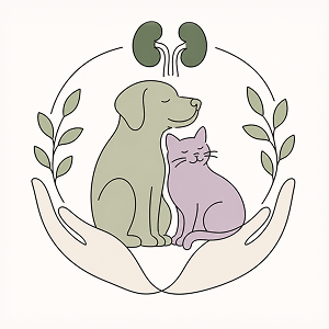 Editorial line-art illustration of a dog and cat cradled in caring hands beneath healthy kidneys, symbolizing holistic kidney disease support, nutrition, hydration, and improved quality of life for dogs and cats with chronic kidney disease.