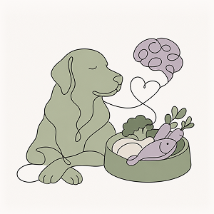 Dog with autoimmune encephalitis resting beside a homemade balanced meal with fish, lean protein, vegetables, and supplements, symbolizing nutrition that supports brain health, recovery, and veterinary care through an anti-inflammatory diet.