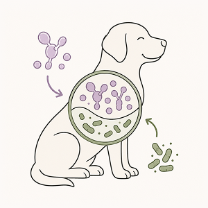 Editorial line-art illustration of a dog with a balanced microbiome symbol showing yeast and beneficial bacteria, representing natural support for pet yeast infections, Candida overgrowth, skin health, digestive health, and immune balance.