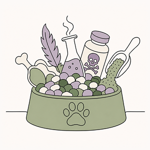 Line-art illustration of a pet food bowl filled with kibble alongside symbolic chemical additives, preservatives, and by-products, representing hidden ingredients in commercial pet food and the importance of reading pet food labels.