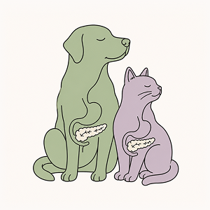 Illustration of a dog and cat with simplified stomach and pancreas highlighted, symbolizing pancreatitis in pets. Modern editorial line art with soft flat colors representing holistic nutrition, digestive health, and pancreatitis prevention.