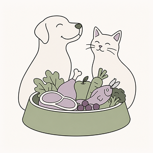 Line-art illustration of a happy dog and cat behind a bowl filled with fresh meat, fish, vegetables, and fruit, symbolizing high-quality pet food ingredients, balanced nutrition, and healthy diets for dogs and cats on a clean cream background.