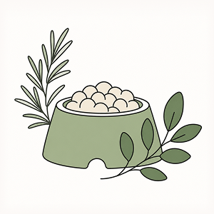Minimal editorial illustration of a green pet food bowl with rosemary sprigs, symbolizing natural preservatives in dog food. Modern line art with flat color on a cream background, representing BHA and BHT alternatives and clean pet nutrition.