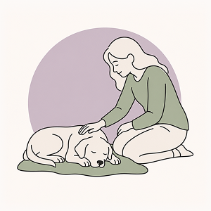 Line-art illustration of a dog their own kneeling beside them, symbolizing the of staying clam during per seizures. Minimal editorial style with soft sage and lavender flat colors on a warm cream background.