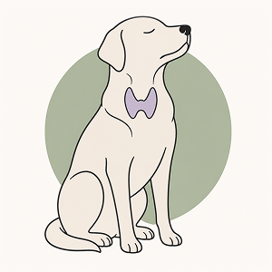 Line-art illustration of a calm dog with a highlighted thyroid gland at the neck, symbolizing the connection between canine hypothyroidism and seizures. Minimal editorial style with soft sage and lavender flat colors on a warm cream background.