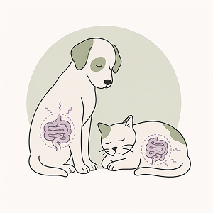 Minimalist line-art illustration of a dog and cat with visible digestive tracts surrounded by subtle discomfort indicators, representing Inflammatory Bowel Disease (IBD) and chronic intestinal inflammation in pets.