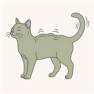 Illustration of a green cat with subtle rippling skin along its back and gentle motion lines around its raised tail, symbolizing feline hyperesthesia syndrome (rolling skin syndrome) in a editorial style.