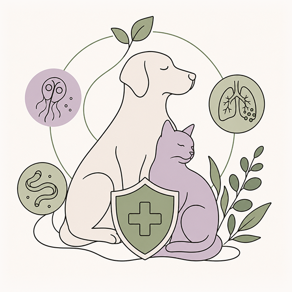 Line-art illustration of a dog and cat beside a medical shield, a parasite icon, a roundworm, and lungs, representing holistic recovery support for infections in pets.