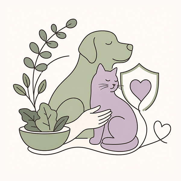 Line-art illustration of a hand gently comforting a cat beside a dog, a heart within a protective shield, and herbs, representing compassionate holistic support for pets facing cancer.