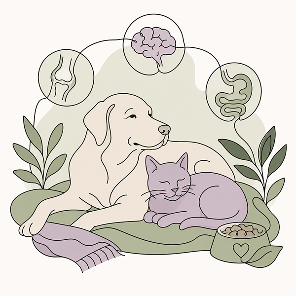 Line-art illustration of a dog and cat resting comfortably on a cushioned blanket beside icons for joint health, brain function, and digestion, representing holistic care for aging dogs and cats.