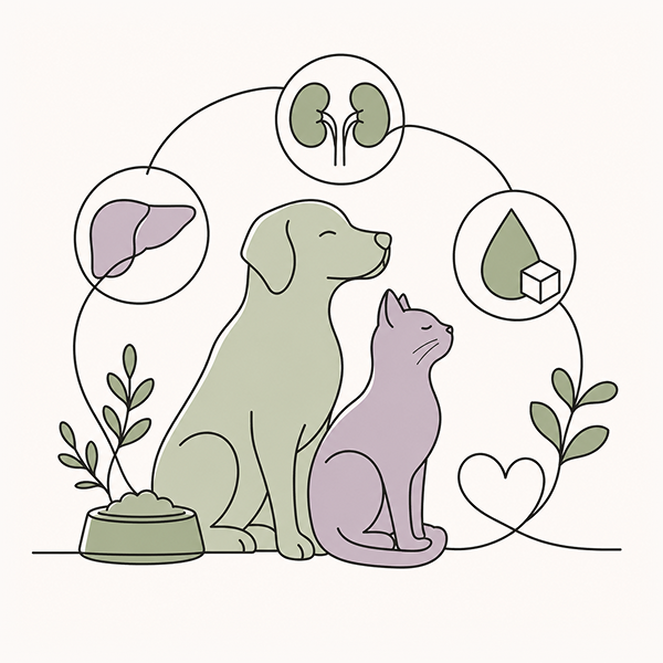 Line-art illustration of a dog and cat with icons for kidneys, a liver, and a blood sugar droplet with a sugar cube, representing holistic support for kidney disease, liver disease, and diabetes in pets.