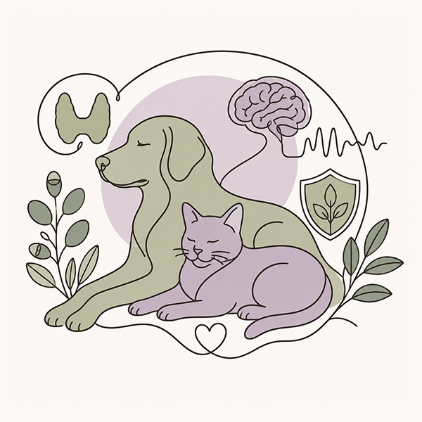 Line-art illustration of a resting dog and cat beneath a brain with a neural wave pattern, a thyroid gland icon, and a protective shield, representing holistic support for seizures and neurological health in pets.