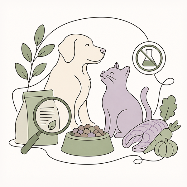 Line-art illustration of a dog and cat beside a food bowl, an ingredient label under a magnifying glass, and a crossed-out chemical flask, representing natural pet nutrition and ingredient transparency.