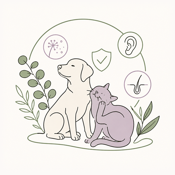Line-art illustration of a dog and a scratching cat surrounded by icons for allergens, ear health, and hair follicles, representing holistic skin and coat care for pets.