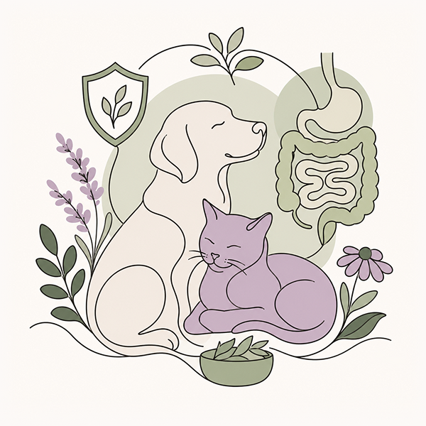 Line-art illustration of a dog and cat beside a digestive system diagram, surrounded by herbs and a wellness shield, representing holistic digestive health support for pets.