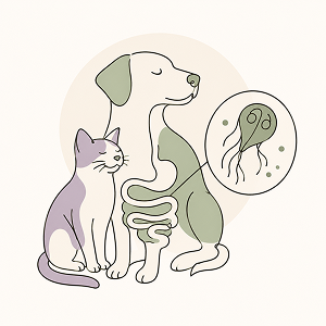 Minimal editorial line-art illustration of the Giardia parasite (Giardia lamblia), shown as a friendly microscopic organism with flagella in flat sage, lavender, and cream colors. Symbolic healthcare graphic representing giardia infection in dogs and cats.
