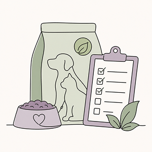 Pet food label checklist illustration showing a pet food bag, bowl of food, and checklist representing how to identify healthy ingredients and avoid undesirable additives in dog and cat food.