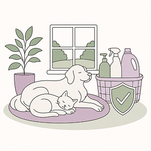 A dog and cat resting together on a rug, next to a basket of household cleaning products marked with a checkmark shield.