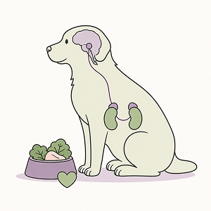 Dog with Cushing’s disease illustration showing the pituitary and adrenal glands, with healthy food representing nutrition and dietary support for dogs with Cushing’s disease.